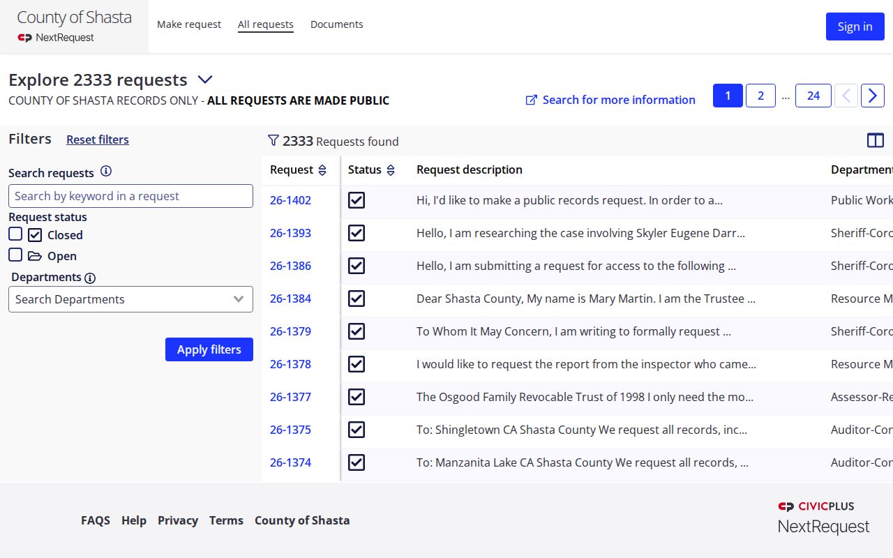 Shasta County arrest history public records request search