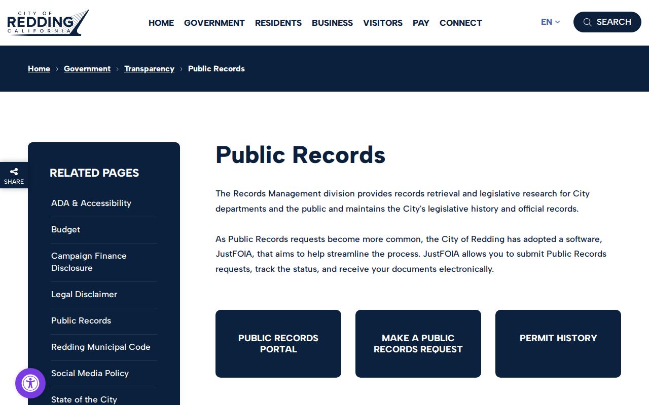City of Redding public records page linking to JustFOIA