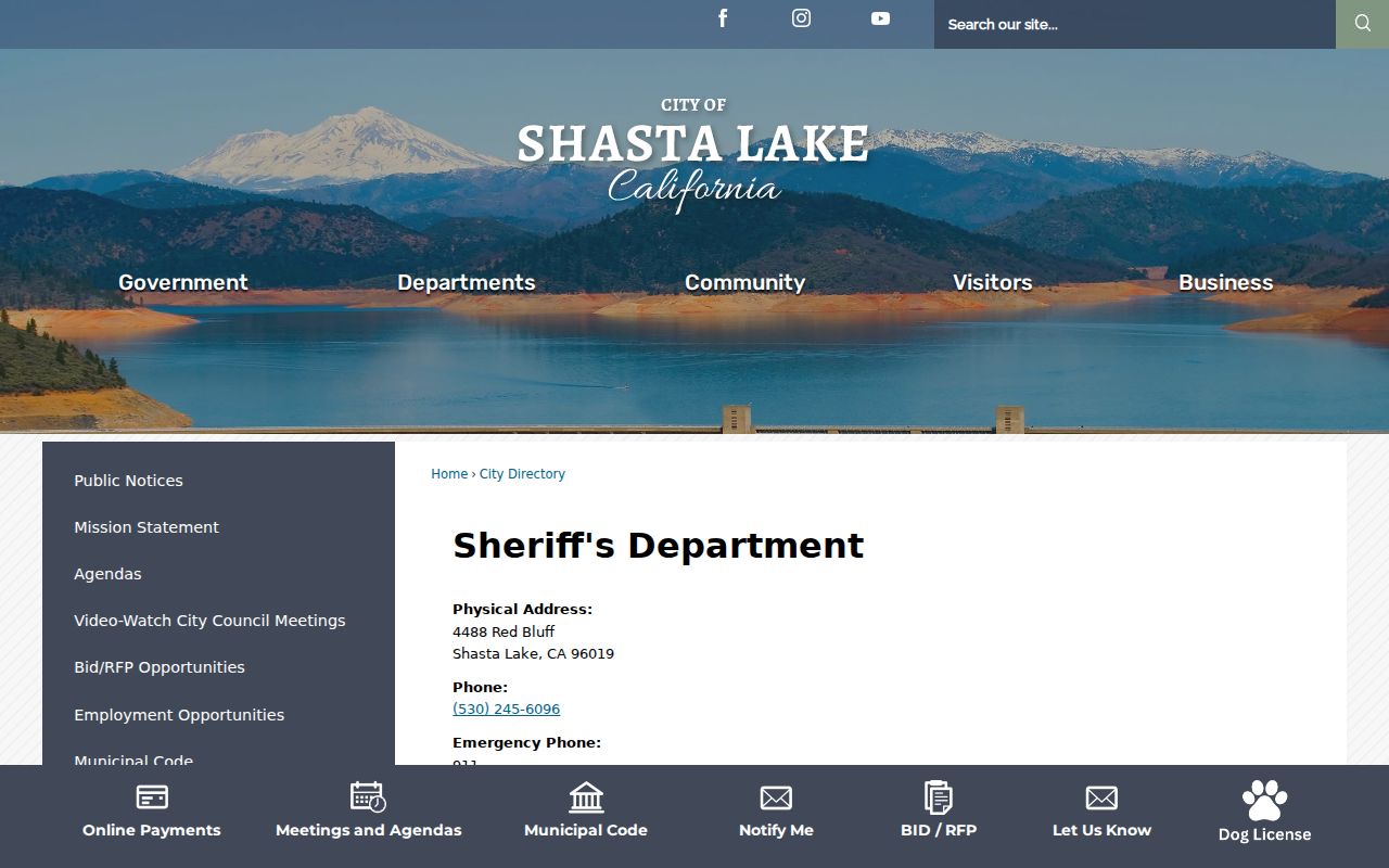 Shasta Lake Sheriff's Department directory with local contact details