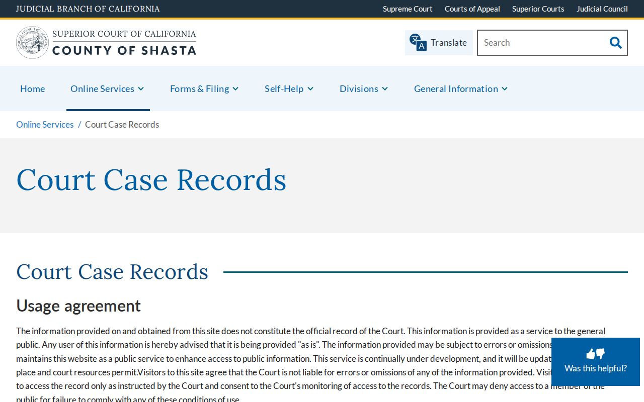 Shasta County criminal case records portal information