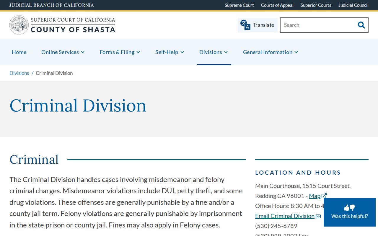 Shasta County criminal court case Criminal Division page