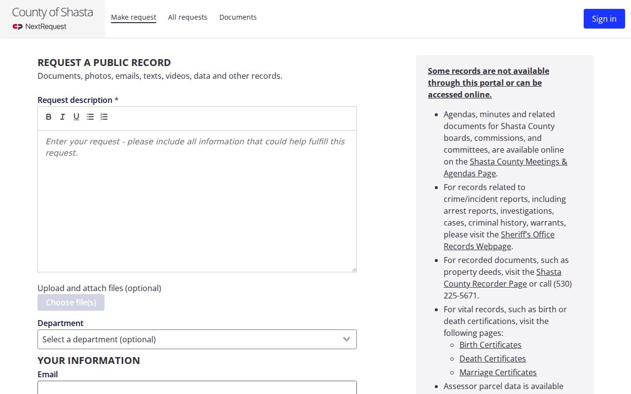 Shasta County criminal records NextRequest submission form